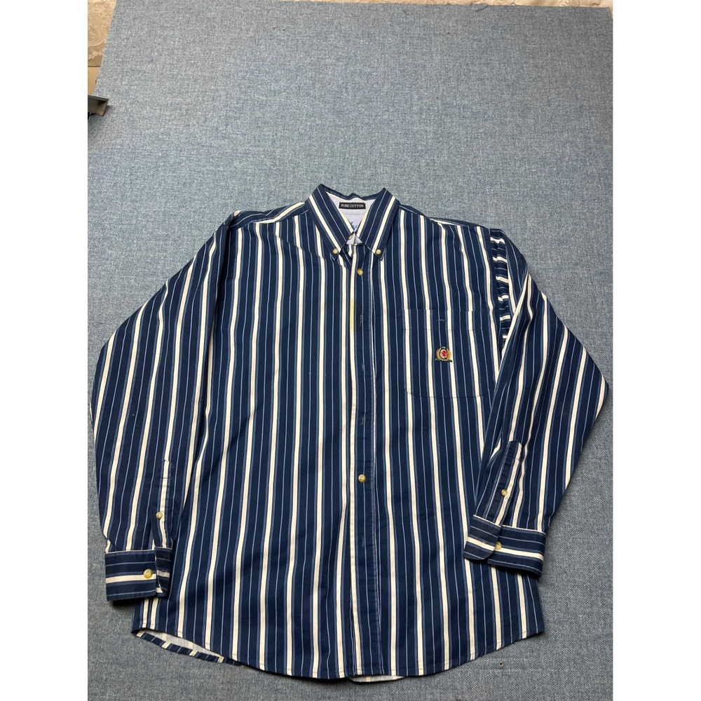 BB Classics Mens Navy Blue Cream Striped Pure Cotton Button Down Shirt Size M